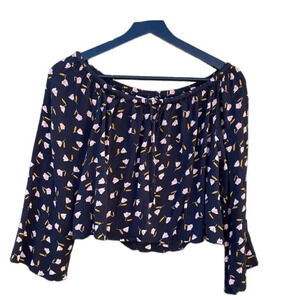 Billabong medium blue with pink flowers cropped flowy blouse